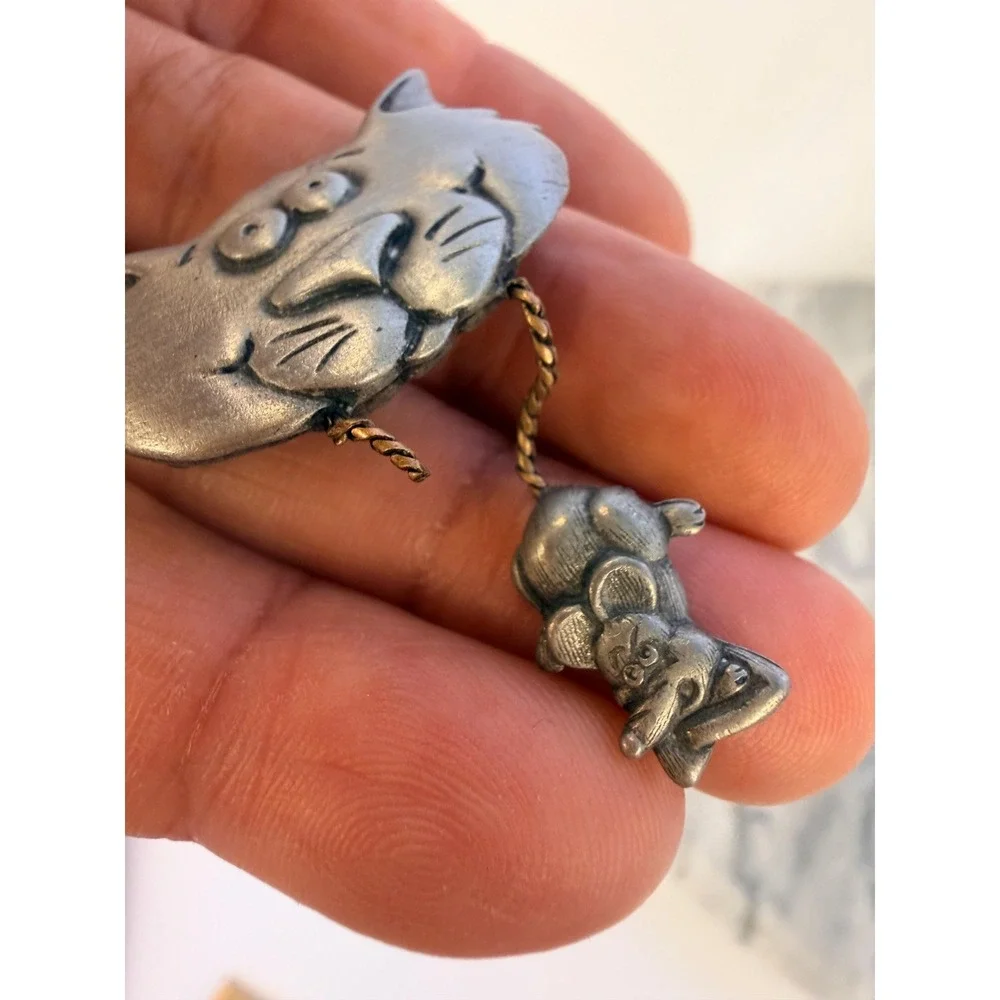Vintage JJ Jonette Jewelry Pewter Cat and Mouse Brooch, Whimsical Feline Pin